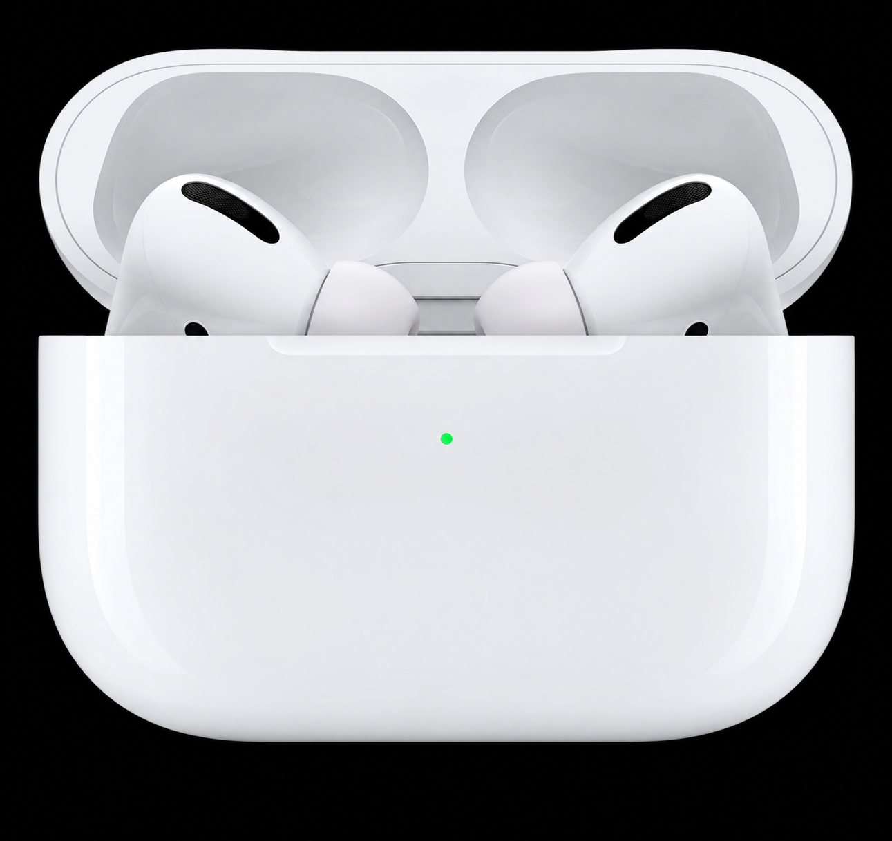 White earbuds in an open charging case on a black background